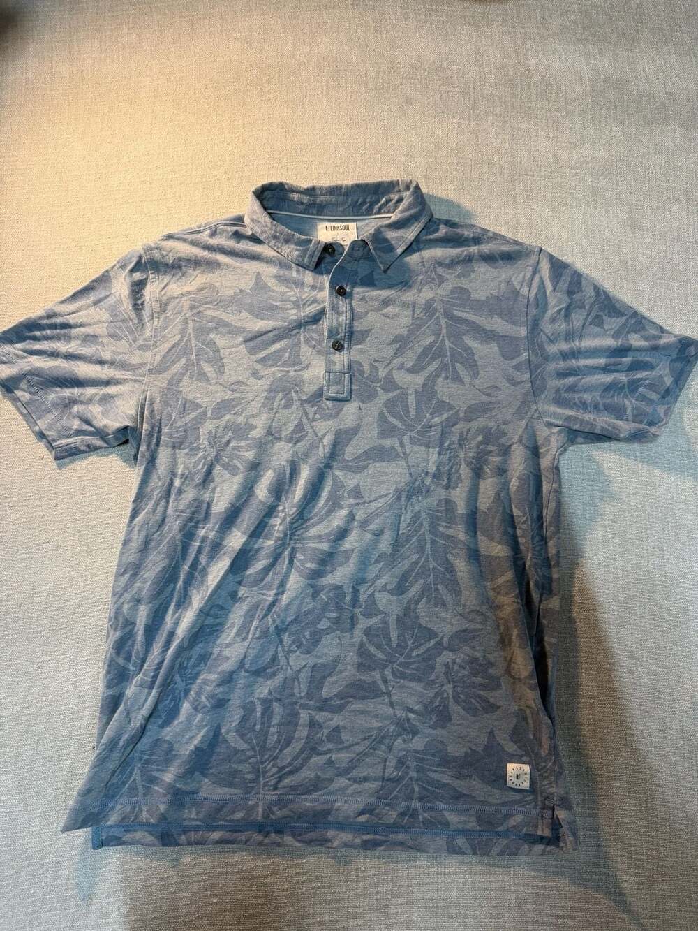 Linksoul Men's Size L Blue Tropical Leaf Print Polo Shirt